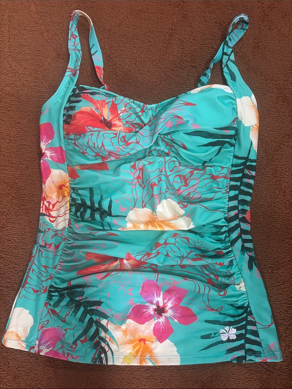 Hapari Teal Floral Tankini Top with Pink, White & Orange Blooms